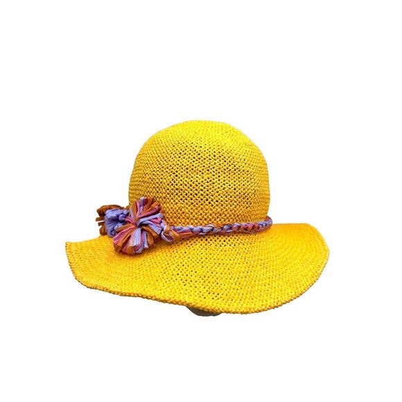 Inverni Hat Yellow Raffia Flower Trim Sun Beach Garden Party Floppy Italy main image 5